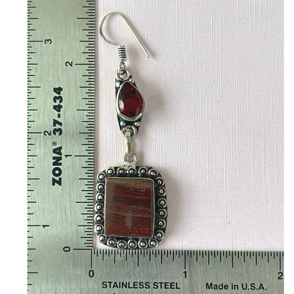 925 Silver Red Rainbow Jasper & Red Coral Dangle Earrings - Picture 4 of 5